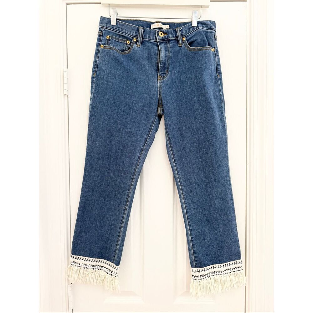 Tory Burch Womens Connor Fringe Hem Cropped Jeans Blue Denim Stone Wash Size 28